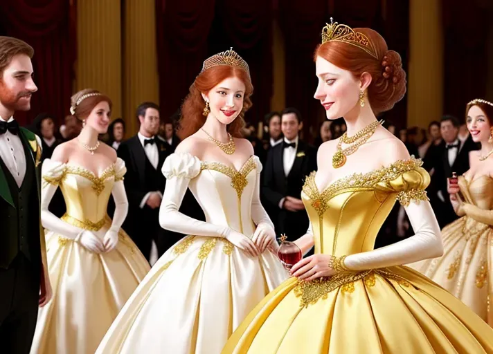 amidst the revelry of a grand late eighteen hundreds masquerade ball, where everyone is wearing ornate masks, a clumsy servant trips spilling red wine on beautiful, auburn haired, round wide blue eyes Queen Anna of Arendelle wearing a satin, pearl and gold mask, and a pristine white heirloom ball gown. An opportunistic Marquies De Sade looking on. photorealistic. High resolution