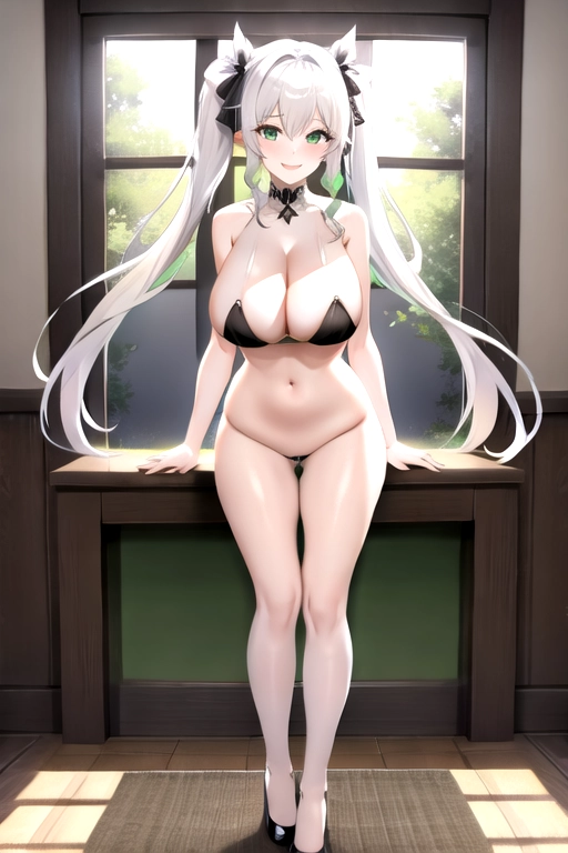 8k quality, green eyes, pale white skin, white hair, giant breasts, cleavage, looking at viewer, pov, long hair, wavy hair, full body photo, standing in living room, smiling, completely naked, pigtails