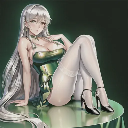 A high-quality erotic hyper-realistic photo of a short woman with long white hair, hazel eyes, f-cup breasts, pale skin, wearing a green minidress, silver earrings, a silver choker and silver high heels, full-body