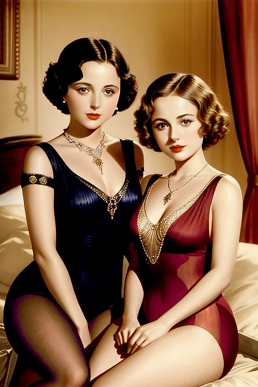 1920s style, beautiful young Olivia de Havilland and Joan Fontaine, aged 20, ((accurate faces)), sitting together in an elegant bedroom, sexy period leotards,