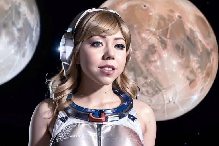 A 8k resolution photo shot of, Jennette Mccurdy, ((wearing a astronaut outfit)),((revealing two boobs out)),((perfectly nipples placement)),((detailed hair features)),((detailed facial features)),((detailed body features)),((detailed arms features)),(textured skin),((beautiful lips)),((highly detailed)),((8k resolution photo shot)),((detailed moon background)), smiling, alone, 1girl