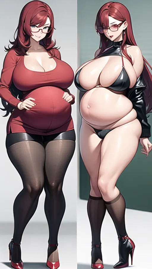Dark red hair, sexy glasses,Sexy women,
sexy teacher, classroom background ,big boobs,pregnant gigantic belly,fat belly and fat boobs,weight gain, weight gain big belly, gigantic fat belly,fat belly ,huge pumped up belly, nylon Socks, black high heels boots, nude boobs, a huge massive belly 2 times the size of the person, ((before and after weight gain)) ,<lora:dpmg_pov_Big_fat_belly:1> ,