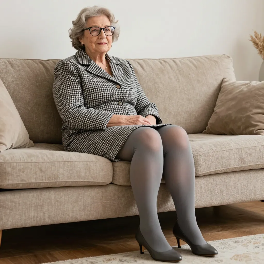 An 80 year old woman with fat thighs wearing glasses, a houndstooth suit, grey tights and high heeled shoes sitting on a couch