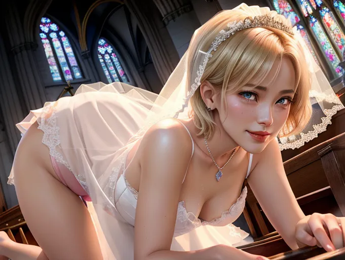 Lizze Broadway,
Short blond hair,
(REAR VIEW FROM BEHIND), wide angle view, (ALL FOURS ON HANDS AND KNEES DOGGY POSITION,)
In a church, (on the altar) shooting from a high point,(sexy inviting smile with tears)
(pale white caucasian skin), (slim slender fit body),
Small tight ass exposed, anus open, (open shaved pussy exposed), wet pussy
(Wearing wedding gown and bridal veil), slutty bride lingerie, sapphire necklace, cheap Chinese whore makeup,
(SMALL perky tits exposed, small pink nipples and pink areolae,
head and torso turned to look back directly at me,
crying with orgasm on her face, short blond hair,
(Taboo sex in church),
(natural lighting) (natural tones)
Hyperrealistic, (photorealistic)
five slender fingers, blonde hair charming face with a sexy seductive look lips, sexy, necklace, highly detailed, sharp focus, artstation,