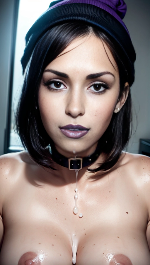 photorealistic, 8k, accurate face, (((detailed face))), (((replicate inspiration face))), freckles, black lipstick, wearing black beanie, collar, shy,
cum on face, cum everywhere, bukkake, facial, cumshot, semen, sperm, thick cum, erect penis, thick penis, male pov,
location is bedroom with purple lighting, movie posters on wall, messy bed,