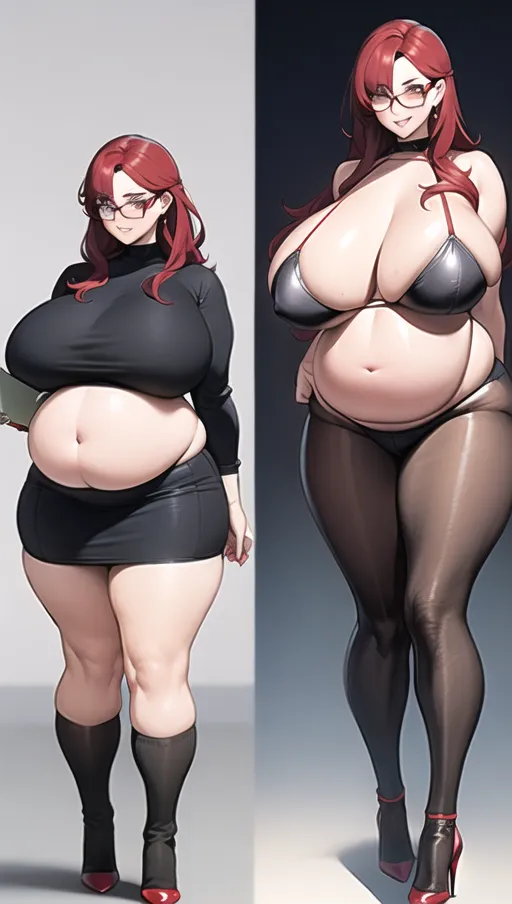 Dark red hair, sexy glasses,Sexy women,
sexy teacher, classroom background ,big boobs,pregnant gigantic belly,fat belly and fat boobs,weight gain, weight gain big belly, gigantic fat belly,fat belly ,huge pumped up belly, nylon Socks, black high heels boots, nude boobs, ((( a huge massive belly 2 times the size of the person))), ((before and after weight gain)) ,<lora:dpmg_pov_Big_fat_belly:1> ,