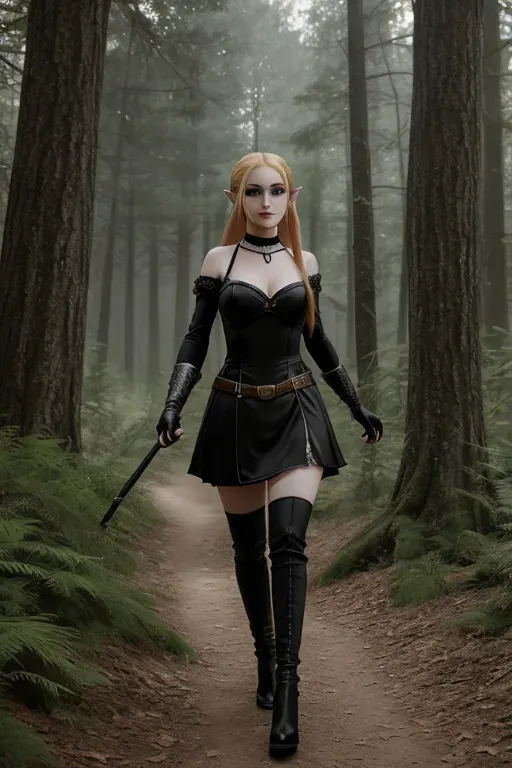 Digital art of, zelda,wearing goth clothing,walking in the forest,small breasts,five slender fingers,short hair,gorgeous face,beautiful lips,black eyes,curved eyebrows,pale skin,studio lighting,