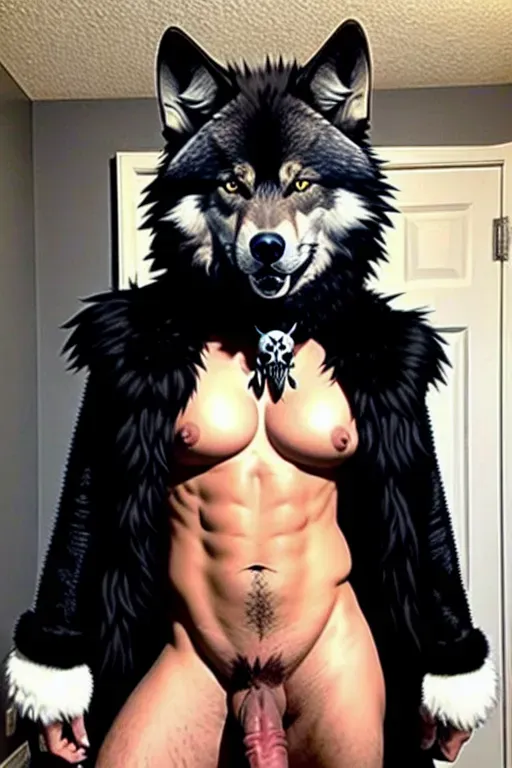 Scp1471, wolf skull head, cock, black fur, penis, wolf skull for a head, full black fur, furry, showing off fluffy boobs, erection, penis, futa, balls, fluffy tummy, large penis,