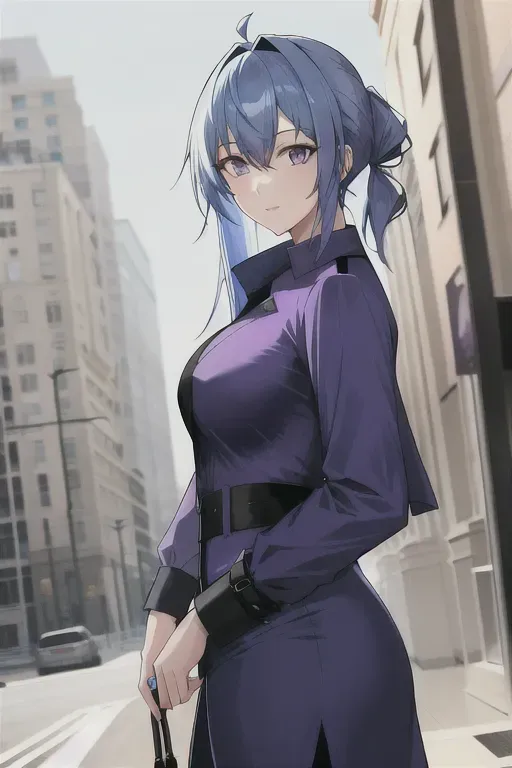 A girl with Blue hair and purple eyes