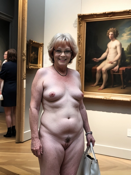 naked mature middle aged lady is casual as a naked tour guide at an art museum