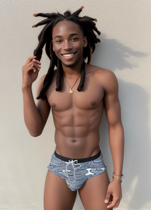 An attractive athletic african american man 22 years old, six pack abs, wearing dreadlocks, grinning, face tone and complexion match body, no pants, large cock