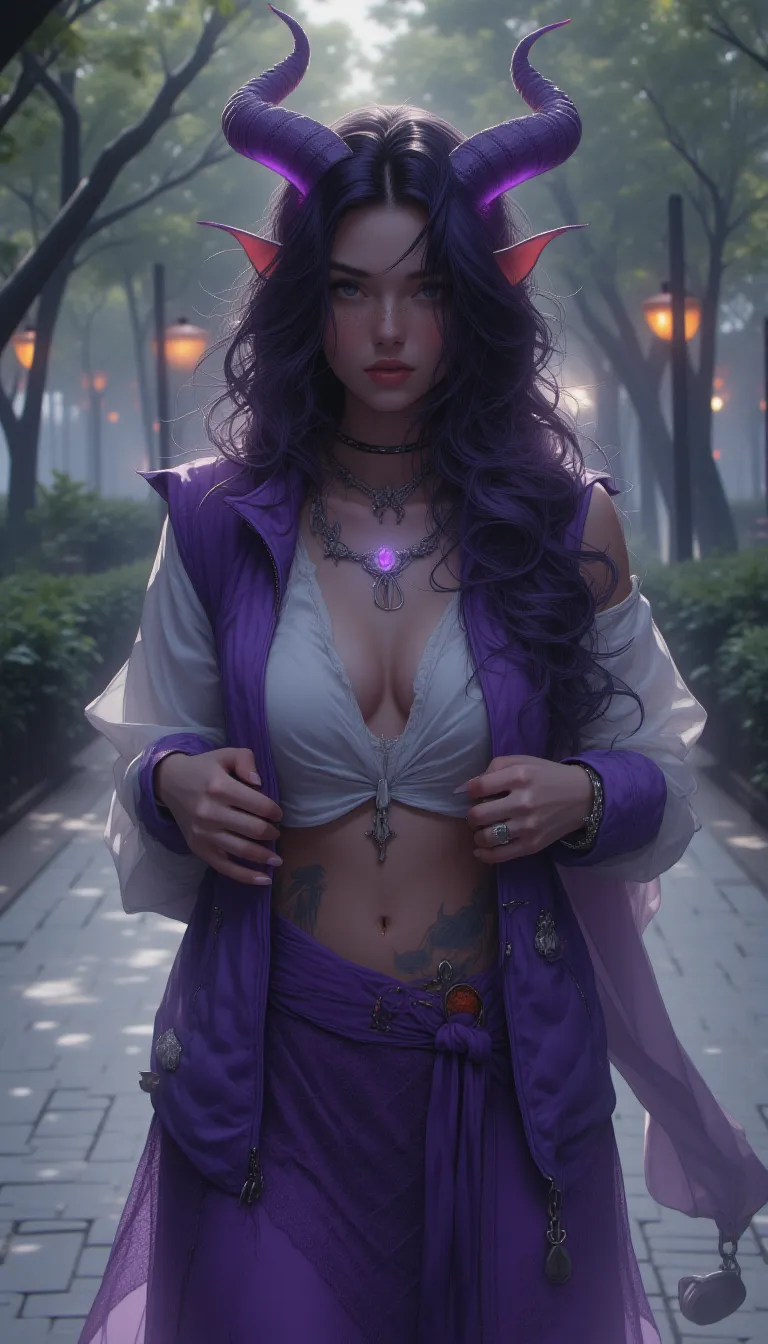 A ultrarealistic photograph of, professional photograph, (a beautiful succubus outdoors is strolling on a tree-lined sidewalk), she wears a (purple (unzipped) (vest:1.2)) and (medium purple (lace:1.4) skirt), permed dark purple hair, beautiful face, highly detailed face, (perky b-cup breast (exposed:0.4)), perfect lips, (stomach tattoo), (long detailed glowing necklace), ((small short:1.8) backwards succubus horns), bokeh, five fingers per hand, cinematic composition, UHD, HDR, highest quality, highest resolution