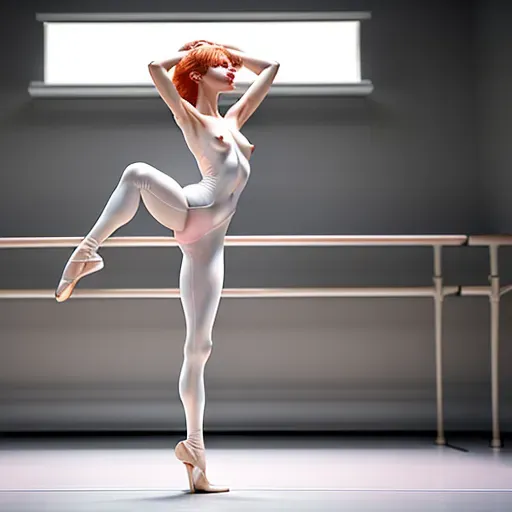 Nicole Kidman, beautiful woman, redhead, lithe, ballet dancer, white ballet shoes, leggings, topless, bending over, straight legs, side view, ballet studio background, one hand on hip, on hand on shin, pale pink skin,