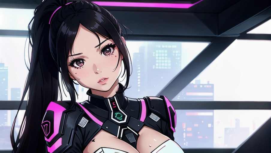 establishing shot,
Eve from stellar blade, techo ruins background, eurasian women, long black ponytail hair, revealing transparent skin coloured cyberpunk body suit,deep cleavage revealing large perky breasts,
skinny, 25yo, eurasian woman, (hyper-realistic face:1.3), 32k uhd --ar 9:16 --stylize 750 --v 6, realistic,((((solo)))), long straight ponytail black hair, (large perky breasts:1), lips, perfect-hard-nipples, solo_focus, eye-contact , facing viewer,
background techno bed room, sweaty, (((exhausted))), eye contact.