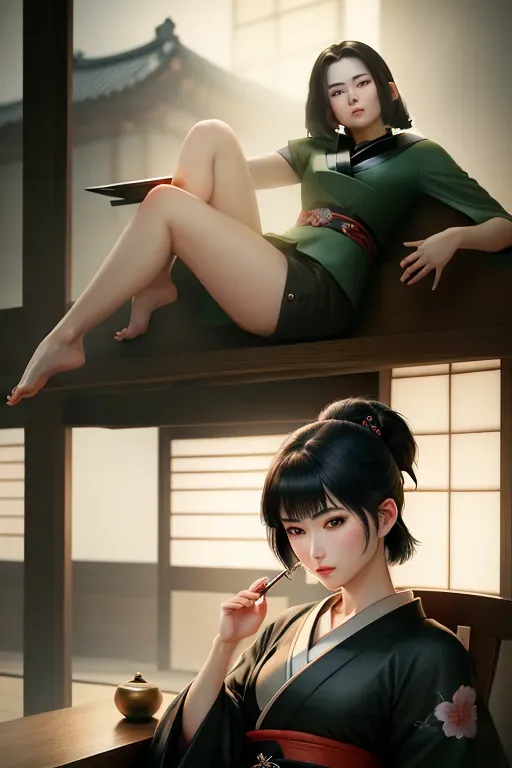 1girl , feudal japan , edo period , night , japanese , highres , short hair, dark hair, black hair, green eyes , almond shaped eyes , thin lips , parted lips, solo, ((masterpiece)),photo referenced::5, pale skin, tenchu, kunoichi, professional, ultra high res, kuugire, stealth, soft feminine facial features, button nose, 25 years old, seductive look, arrogant look, sinister look, detailed face, detailed eyes, dark kimono, feet, foot, toes, toe, underwear, panties,