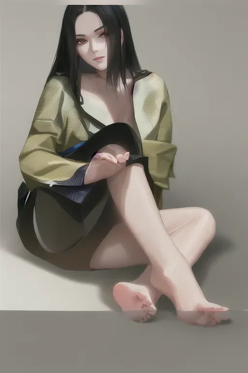 1girl , feudal japan , edo period , night , japanese , highres , short hair, dark hair, black hair, green eyes , almond shaped eyes , thin lips , parted lips, solo, ((masterpiece)),photo referenced::5, pale skin, tenchu, kunoichi, professional, ultra high res, kuugire, stealth, soft feminine facial features, button nose, 25 years old, seductive look, arrogant look, sinister look, detailed face, detailed eyes, dark kimono, feet, foot, toes, toe, underwear, panties,