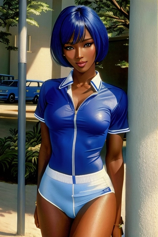 Colour painting of a young Naomi Campbell ((accurate face)), in nostalgic white and blue gym uniform, ((bare thighs)), smooth skin, sexy butt, fine beautiful body, (detailed skin features),(detailed face features), beautiful face, (detailed body features), beautiful eyes,