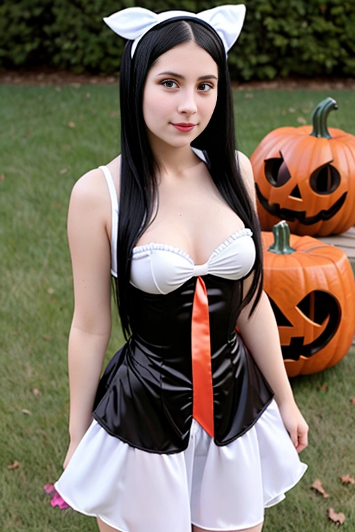 Pale girl with black hair 19 year old girl poses in the cutest most innocent looking but slutty haloween costume. Wearing a Kids haloween costume but with a slutty twist. Outside trick or treating