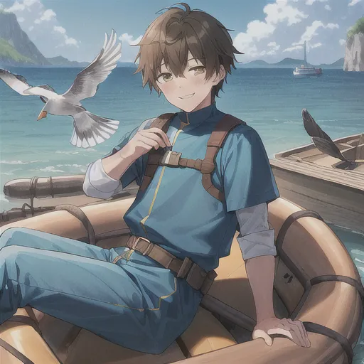 high_quality, cute_guy, shy_man, blush_man, blush, anime_style, (smile), ((young_aduld_man)), young_adult, (darkbrown_hair), short_hair, male, ((pretty_hands)), ((detailed_hands)), good_hand, perfect_hands, detailed_fingers, pretty_fingers, medieval_outfit, yellow_brown_eyes, (blue_outfit), adventurer_outfit, sitting_at_raft, (raft), boat, ocean, sun, seagull