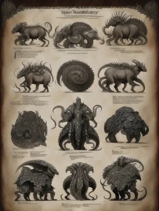 Masterpiece, 8k, realistic animal anatomy, realistic armor and weapons, ((Highly detailed patterned unusual native costume, (Video game character design sheet)) (View from all side character.) High quality design masterpiece of ((bestiary style layout page)) (octopus tentacles)