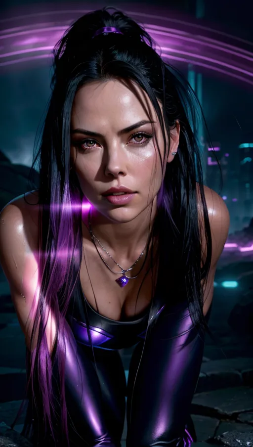 (Marvel Comics Psylocke, Charlize Theron facial features, cyberpunk style, realistic closeup model portrait, studio portrait, 400mm lens, maximum resolution, maximum quality, maximum realism, maximum accuracy, mystical female, full body, casting a powerful spell, ethereal and atmospheric setting, magical lighting illuminating the scene, expertly crafted photon mapping and radiosity, physically-based rendering for enchanting effects, captivating and intense gaze, mesmerizing and detailed lips, meticulously crafted facial features, expert use of lighting and shadows to enhance the magical ambiance, female adorned in enchanting rose vines, intricate, full body composition capturing the magic in motion, ultra high resolution, ultra best quality, ultra high quality, ultra best resolution, ultra hyper realistic, ultra perfect accuracy, cinematic scenery, cinematic lighting, cinematic background, model has black hair up in a perfectly gorgeous ponytail, model has a mean expression, model is wearing psylocke costume, model is wet from the rain)