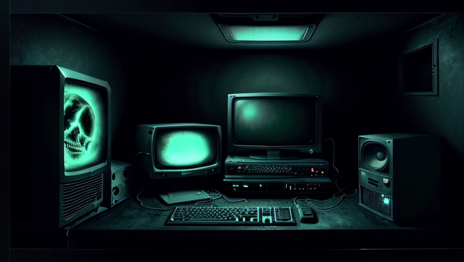 High resolution 4k image (((interior shot))) inside of a dracular castle . Close up one old computer (CRT screen) from the 80s. The computer is on an old desk in the middle of the room directly in front of the viewer. Dark and gloomy atmophere.