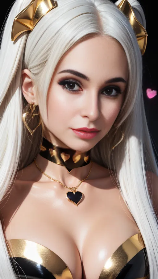 best quality, (((ultra high res))), (detailed face and eyes), hearts, perfect face, big choker, golden earrings, jewelry, ((eyes closeup)), glowing heart, golden heart necklace, big heart pasties, latex neck, white hair, covered by gold