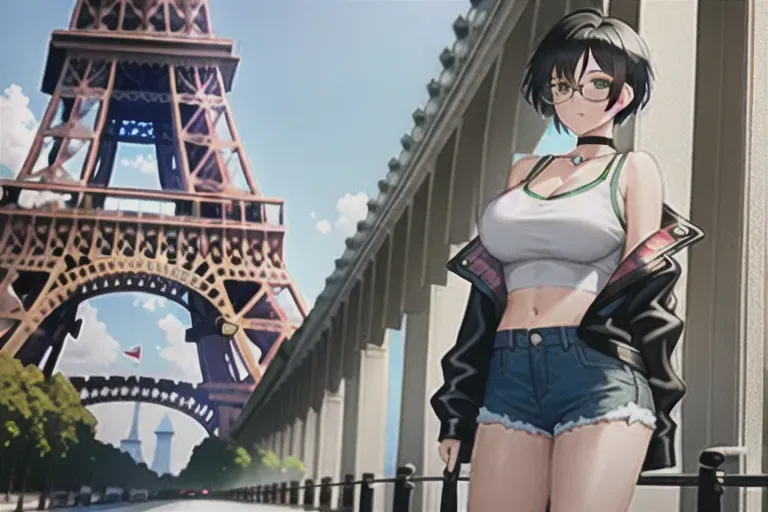 A girl with short black hair, green eyes, glasses, large breasts, a choker necklace, black crop top, jacket, short denim shorts, at the Eiffel Tower holding my hands