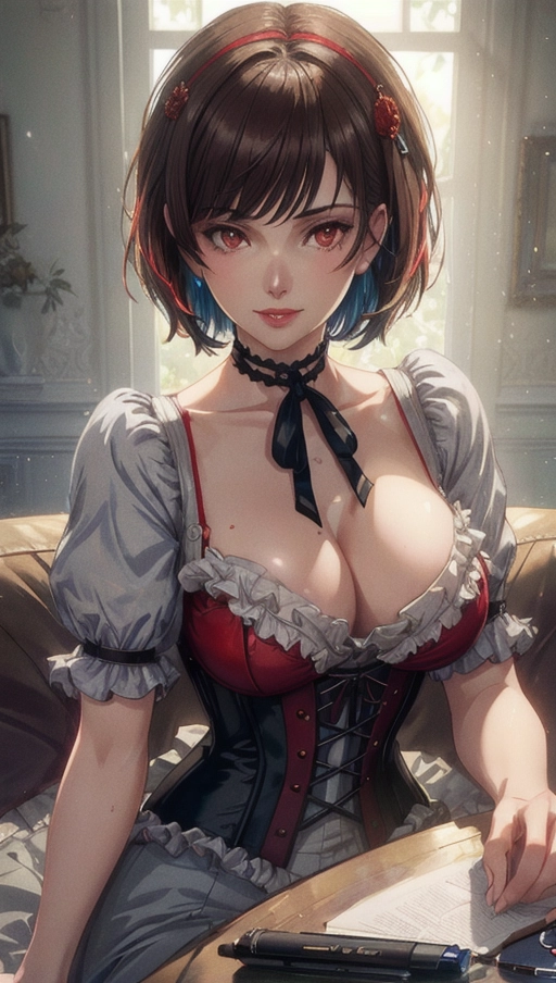 (Best quality, high quality cinematic film wallpaper, high res, 4k, HDR, UHD), 1 adult woman, (a breathtaking masterpiece extreme close up portrait of a womanlounging casually in a victorian era manshion), (messy short brown hair in a bob cut with straight fringe, victorian style red corset, black choker:1.2),
(correct slender human anatomy, victorian style red corset), (extremely detailed red eyes looking at viewer:1.27), (extremely detailed view of her realistic face with smug expression:1.25), (beautiful detailed full lips smiling smugly:1.3), (extremely zoomed in detailed view of her realistic face:1.27),
(Warm atmosphere vintage film scene), high contrast, (lounging casually in a victorian era photoshoot), hyperrealistic skin with pores and blemishes, five slender high quality fingers, niijima makoto from persona 5,
((muted colours:1.27)), close up cinematic composition view of a woman in a victorian era photoshoot, soft focus, sharp and clear image, (candid:1.1), (flat shading stylised art:1.07), <lora:dpmg_add_detail:0.55>, (physically-based ray tracing, photon mapping, photorealistic:1.45), ((high resolution masterpiece, 4K, HDR, UHD:1.45))