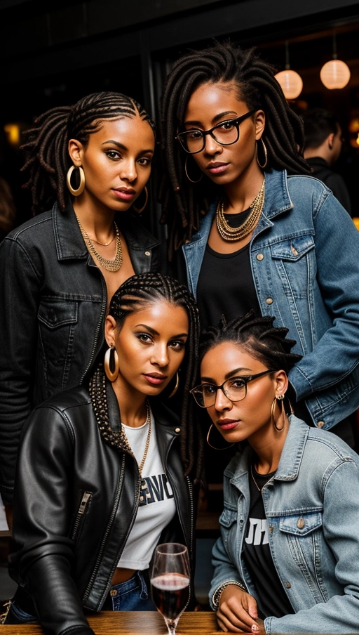 selected ethnic - African descent,
age range - 18 to 30 years,
scene - shady club in Munich,
location - around a dimly lit table,
woman 1 - braided hair with beads,
woman 2 - afro with highlights,
woman 3 - short curly hair with a headscarf,
woman 4 - long dreadlocks styled into a bun,
expressions - joyful and energetic,
pose - sitting close together, holding glasses of sparkling wine, toasting and laughing,
accessories - statement earrings, layered necklaces, stylish clutches,
clothing style - edgy and streetwise,
woman 1 - ripped jeans, black tank top, leather jacket, combat boots,
woman 2 - distressed denim skirt, graphic tee, oversized flannel, sneakers,
woman 3 - cargo pants, cropped hoodie, bomber jacket, high-top sneakers,
woman 4 - black skinny jeans, band tee, studded denim vest, ankle boots,
makeup - dark with smokey eyes and matte lips,
camera angle - slightly above eye-level, capturing the groups camaraderie,
lighting - low with minimal club lights, no fill flash for a moody effect,
resolution - high to capture details,
camera type - DSLR,
camera settings - f1.8, ISO 3200, 1-30s shutter speed,
focus - on the groups faces and glasses, capturing the lively yet dark atmosphere,