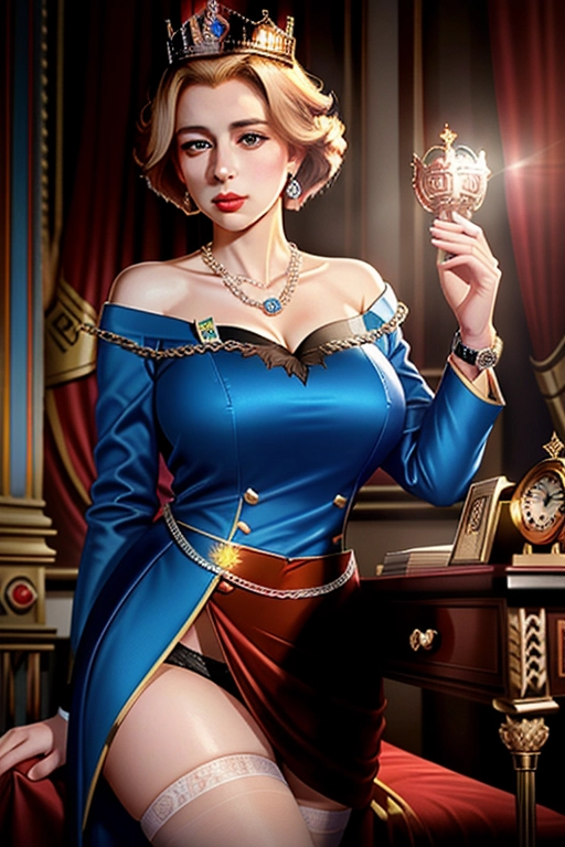 2 women, a digital painting of, a (((sexy young Queen Elizabeth II))) as a hypnotist (((using watch and chain to hypnotise))) (((a sexy young Margaret Thatcher))) in her office, ((full legs and bodies visible)) ((both girls are wearing blouses and panties)), Margaret is yawning, feeling very sleepy and falling into a trance with her eyes closing, five fingers per hand, gorgeous faces, beautiful lips, curved eyebrows, pale skin, ,pixiv,bokeh,8k,cinematic lighting,smooth,
