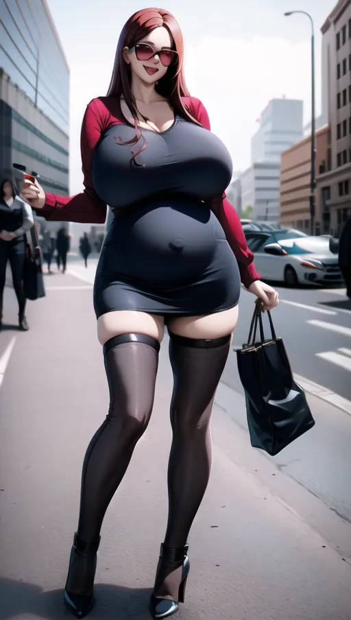 Dark red hair, sexy glasses,Sexy women ,big boobs,pregnant gigantic belly,fat belly and fat boobs,weight gain, gigantic fat belly,fat belly ,huge pumped up belly, black mini skirt, black high heels boots,sex,nude boobs, in a city, people mass, <lora:dpmg_pov_Big_fat_belly:1>,<lora:dpmg_black_see_through:1>