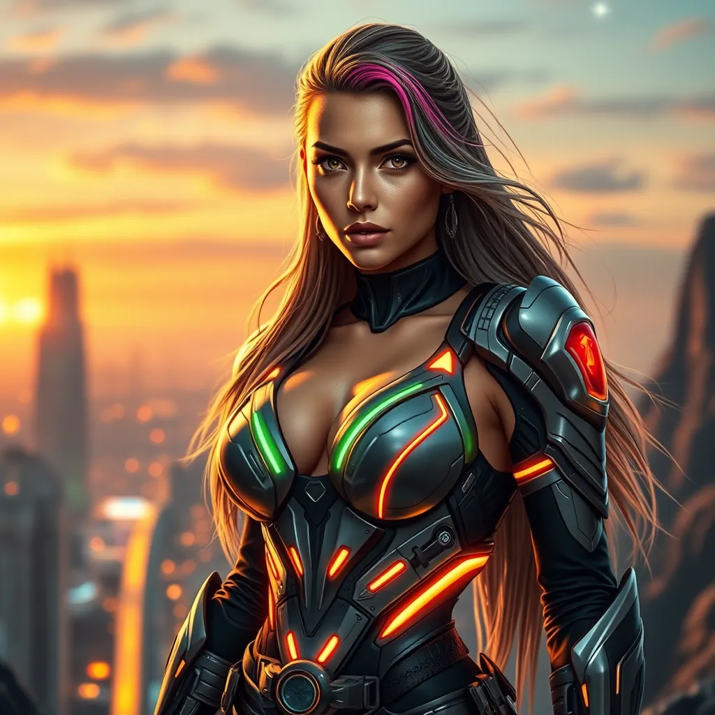 Create a breathtakingly beautiful female sci-fi warrior, standing confidently on a futuristic cityscape at sunset. She has striking features, piercing eyes, and long, flowing hair with vibrant highlights. Her sleek, form-fitting armor glows with neon accents, blending strength and elegance. The scene is cinematic, with dramatic lighting, a starry sky, and a sense of epic adventure. The mood is bold, empowering, and visually captivating, with intricate details in her armor and a dynamic pose that exudes charisma, realistic image
Big boobs, cleavage,