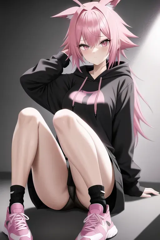 Pink hair, hoodie, black shirt, black skirt, high socks with shoes, pink eyes, adult