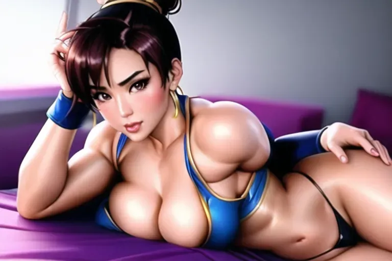 a photograph of,chun li,naked,sitting in bed,big boobs, uncover boobs,five fingers per hand,updo hair, mini skirt,small gold panties,stockings,beautiful face,beautiful lips,curved eyebrows,textured skin,,editorial,ultra realistic,unreal engine,professional, natural light