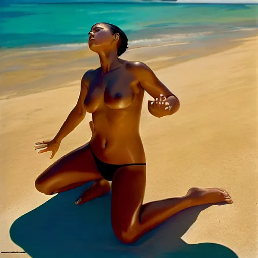 color photo, Polynesian woman kneeling, top view, (ponytail dark hair,) full-body, (topless,) barefoot, (huge breasts,) bikini bottom, noonday sun.