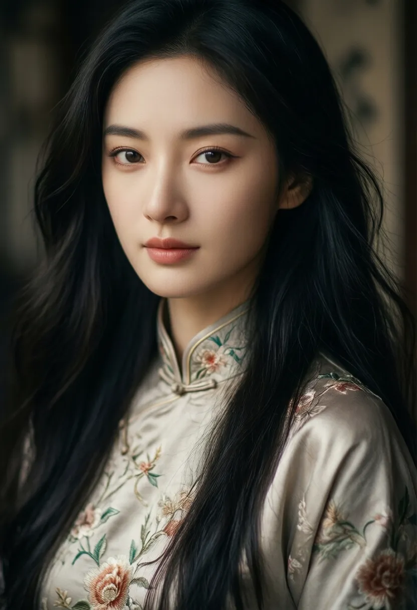 A beautiful Chinese woman with graceful features, close-up portrait, long flowing black hair, wearing a traditional silk cheongsam delicately embroidered with floral patterns, face softly illuminated by ambient light, serene expression