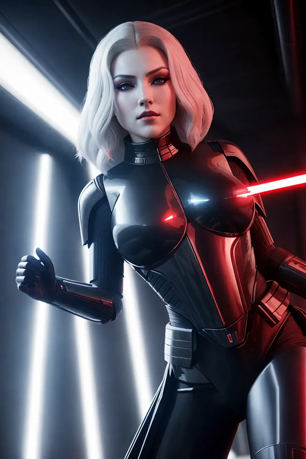 a professional photograph of, 8k, a female Sith, full body, wearing black futuristic armor, wavy platinum hair, in a dark spaceship corridor, five slender fingers, red lightsaber, beautiful lips, curved eyebrows, curved eyelid, beautiful eyes, ultra realistic,