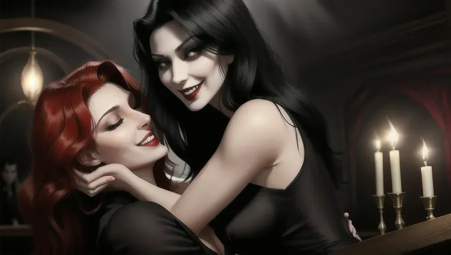 two figures in a dark and foggy goth club, an evil sexy sensual slightly taller dominant female black straight haired vampire woman with a wide toothy predatory smile, taking face of her victim in her hands gazing dominantly into her eyes hypnotizing innocent, light reddish-auburn gentle wavy hair, good girl mid-twenties Anna of Arendelle, relaxed, lips parted, eyes half closed in a modest soft green gown.