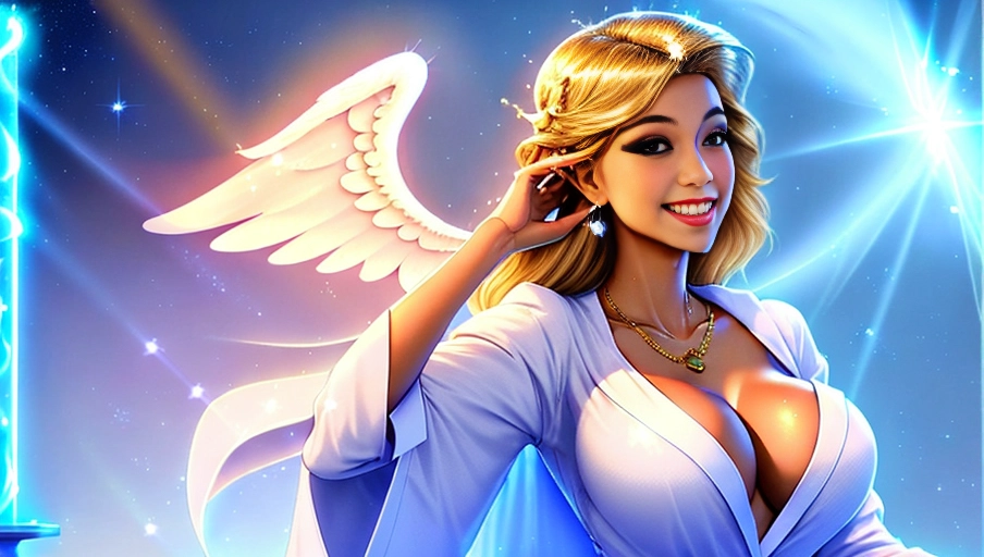 a 64k high detailed photo of body shot of straight Female Angelic HDR Professional ((In clothing Robes))) ((Has Attire)) Godly Ultra Detailed Best Quality Most Detailed ((Angel Wings)) Angelic Lighting Love Hope Magic casting Crown Smiling Queen happy Glory Warrior Angels Angelics Positivity Happiness ecstasy enraptured sweaty saving God Royalty Morality Goodness True Good Power Force Authority Ethical Saviour Halo short Hair Always and Forever Sentimental in heat hot ultra hot best best lighting tantric Neutral Brilliant Logical Compassionate Perfect Perfection Exciting Integrity Winged Courage Purity Harmony Beauty mark on upper lip ((Female)) (Ethereal Lighting) (Celestial Lighting) (((With Clothes))) ((With God Item)) (((God Tech))) (God Magic) with items of power God Wings ((Afterlife Light)) (Perfect Tits) (Perfect Ass) (Love Worship) ((Happy Expression)) ((smiling)) AJH True Happiness (Pleasure) (True Love) ((Angelic Hair))