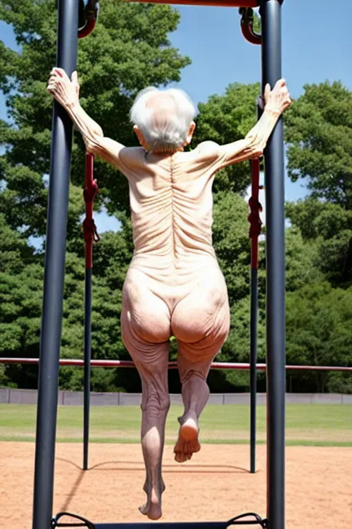 (great grandmother),(90 years old), (naked), at playground, climbing on the monkey bars, (showing ass)