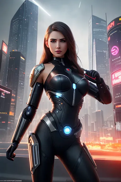 a realistic photo, a beautiful cyborg woman standing holding a pistol that is smoking with a futuristic city in the background,five fingers per hand,silky hair,charming face,beautiful lips,brown eyes,curved eyebrows,curved eyelid,smooth skin,8k,cinematic lighting,cgsociety,artstation,professional
