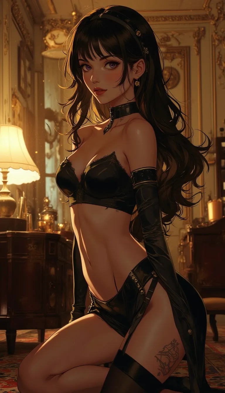 Anime style. 1boy, Serena, SerenaRH, very long straight black hair, brown eyes, gorgeous lips, dark lips, medium perky breasts, perfect body, large hips, fit body, thick thighs, 1g0r, Dutch angle, earrings, elegant, makeup, fancy party room, indoor, golden details, dramatic light, face closeup, parted lips, makeup, abs, solo, parted lips, shiny skin, sweat, brown hair, toned, brown eyes, big breasts, braid, muscular male, black hair, long hair, looking at viewer, indoors, easynegative, FMAB_Envy, 1boy, solo, long hair, black hair, purple eyes, slit pupils, headband, crop top, bare shoulders, midriff, gloves, fingerless gloves, skirt, side slit, bike shorts under skirt, bike shorts, toeless legwear, leg tattoo, 1femboy, on knees