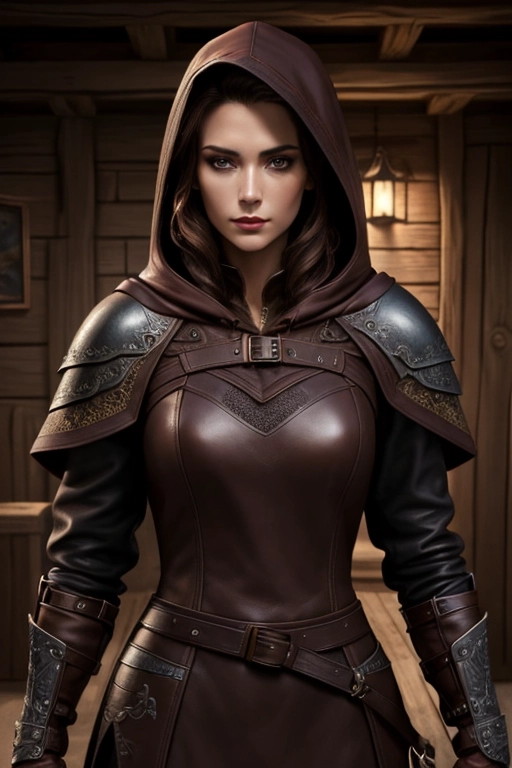 8k, masterpiece, extremely detailed young woman, beautiful detailed face, dark makeup, light hair, slim body, dark brown leather rogue armor, dark maroon hooded coat, tavern scenery