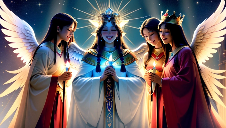 a 64k high detailed photo, standing female, Intimacy, saint, ((priestess)), religion, Sex Religion Tones, Intimacy Religion, Ultra Detailed, Best Quality, Most Detailed, (Angel Wings), Angelic Lighting, Love, Hope, Magic casting, Crown, Queen, Smiling, happy, Glory, Warrior, Angels, Angelics, Positivity, Happiness, ecstasy, enraptured, sweaty, saving, God, Royalty, Morality, Goodness, True Good, Power, Force, Authority, Ethical, Saviour, Halo, Always and Forever Sentimental, in heat, hot, ultra hot, best, best lighting, tantric, Neutral, Brilliant, Logical, Compassionate, Perfect, Perfection, Exciting, Integrity, Winged, Courage, Purity, Harmony, Beauty mark on upper lip, Family, Titan, Primordial, Protogenoi, Happiness, Happy, True Happiness, The Light themes, Heavenly Themes, Life, Death, The Rise, clean, Sexiest, Prettiest, Most, Beautiful, Angelic, Speech, ecstasy impression, ((Smiling)) (Happy Expression)) ((Love Worship)) ((((Flirting)))) (((Multiple Female Angels))) (Love) (Love Magic) (Casting Love Magic)