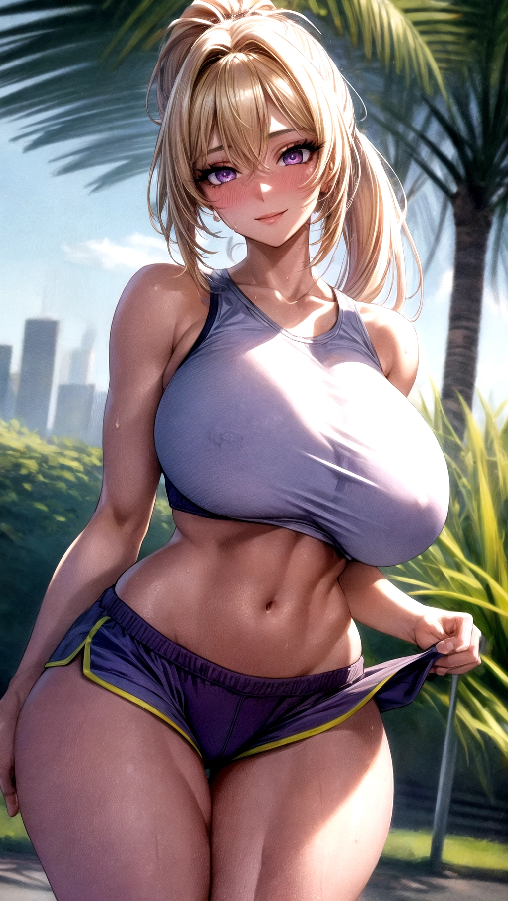 Beautiful, masterpiece, hyper detailed, hyper quality, (64K resolution), (HDR), (UHD), cinematic lighting, ((park background)), (1girl), solo, female focus, extreme face details, (whole body image), (((top down camera angle))),
A beautiful young woman wearing just a ((tight bra)) and ((jogging shorts)), sweaty, sweating, sweat, exposed cleavage, deep V, ((huge boobs)), big butt, thigh gap, ((hair in a short ponytail)), bare shoulders, athletic body, 25 years old, looking towards viewer, happy, smiling, (blushing), strong legs, nipple indents, (((translucent shirt))), ((thin shirt)), ((thick thighs)), (((absolutely massive breasts))), ((skinny waist)), (long eyelashes), ((wide hips)), bright blonde hair, ((purple eyes)), ((((detailed eyes)))), <lora:dpmg_add_detail:1.2>