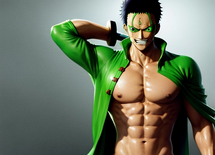 Zoro, one piece, (8k resolution), standing, arms crossed, shirtless, scar on chest, looking epic, happy, smiling