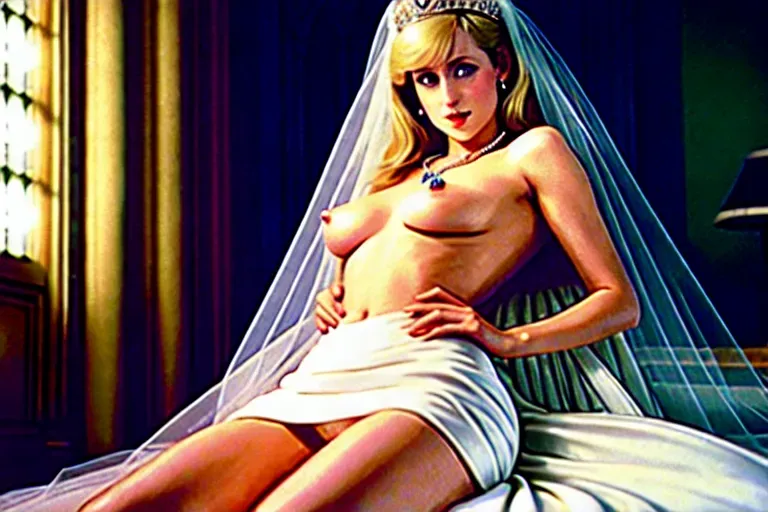 In Westminster Abbey, shooting from a high point, photorealistic, hyperrealistic,
Wide angle Full body view of Princess Diana, pale skin, slim slender fit body, lying on her back with knees up and legs open, wearing her white wedding gown with veil and Diamond tiara,
holding her hairless pussy open and exposed to me, exposed small perky tits with pink nipples and areolae, inviting sexy seductive look on her face and she looks up right at me, short blond hair, sapphire blue eyes,
Body right in front of me, oriented toward me in position to be fucked by me.
five slender fingers, blonde hair charming face with a sexy seductive look lips,blue eyes,curved eyebrows,pale skin,joyful necklace,highly detailed,sharp focus,,artstation,pixiv looks like a real photograph