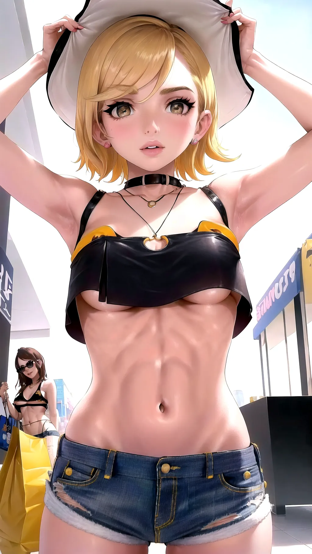 Candid photo of Emma roberts in tight low-rise short shorts shorts and loose revealing crop top, (((showing underboob))), nip slip, at the mall, ((flat chest))