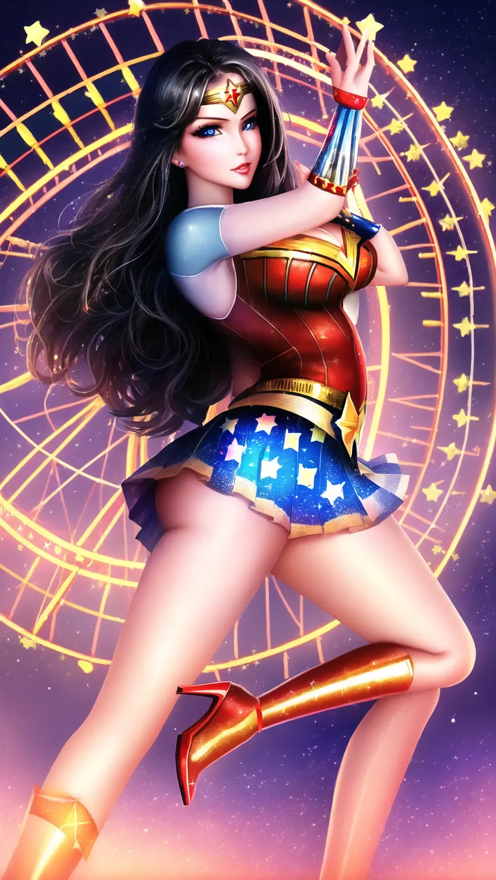 A digital painting of Wonder Woman high res crisp detail beautiful sparkling eyes, soft chin, round breasts, lynda carter, the background is a carnival with ferris wheel in distance, stars on skirt, detailed fingers, flowing black hair, kissing lips, soft eyes, stiletto high heels, detailed arm
